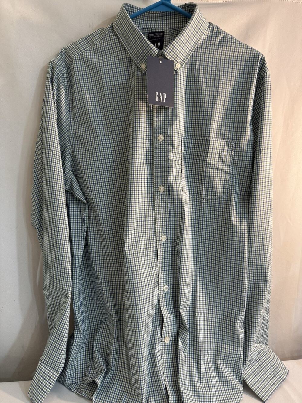 Gap Men's CoolMax EcoMade Performance Poplin Shirt Green Blue Plaid Large 0035